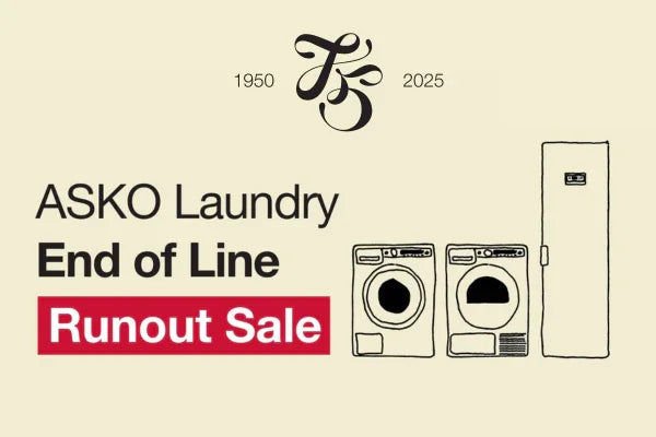 ASKO laundry appliances end of line runout sale featuring washer, dryer, and refrigerator
