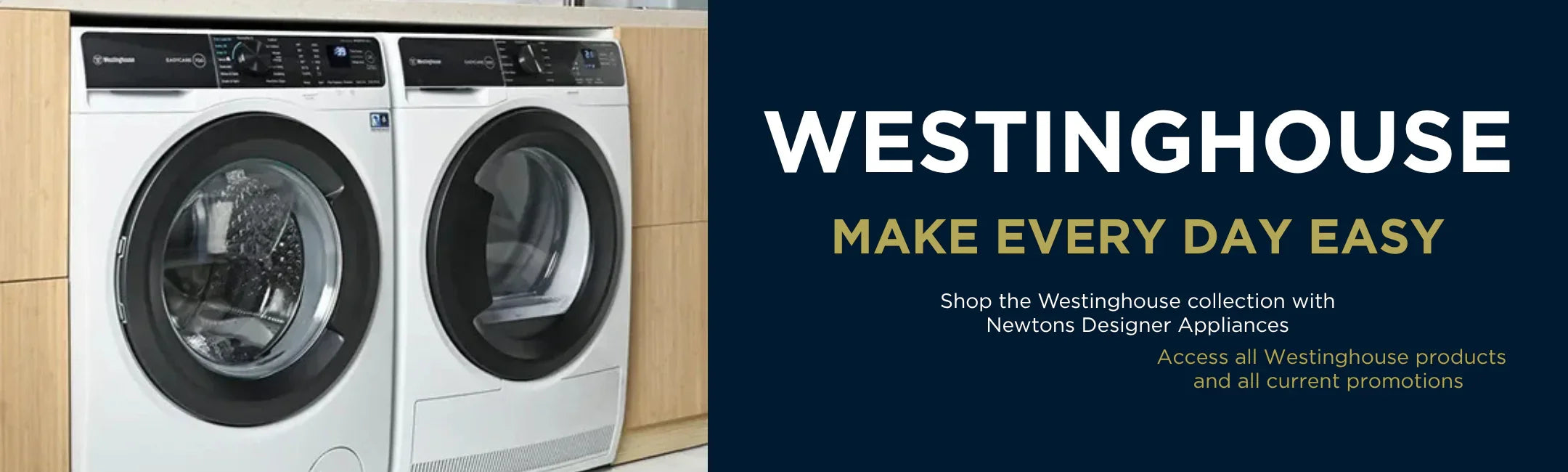 Westinghouse front load washer and dryer set in modern kitchen