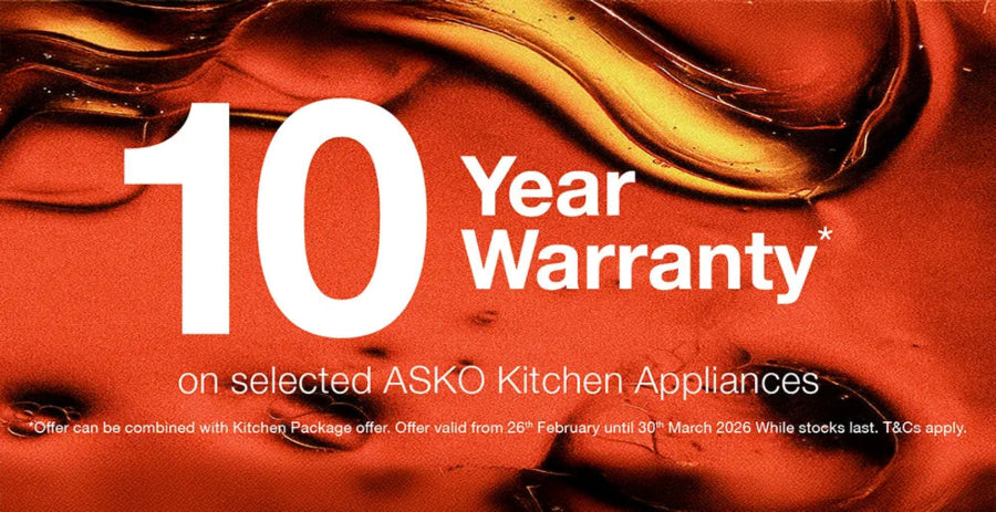 Promotional banner for ASKO Kitchen Appliances with a 10-year warranty offer on a red and gold background.