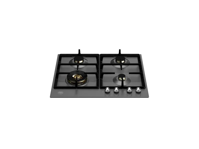 Four-burner black gas cooktop with stainless steel knobs and cast iron grates