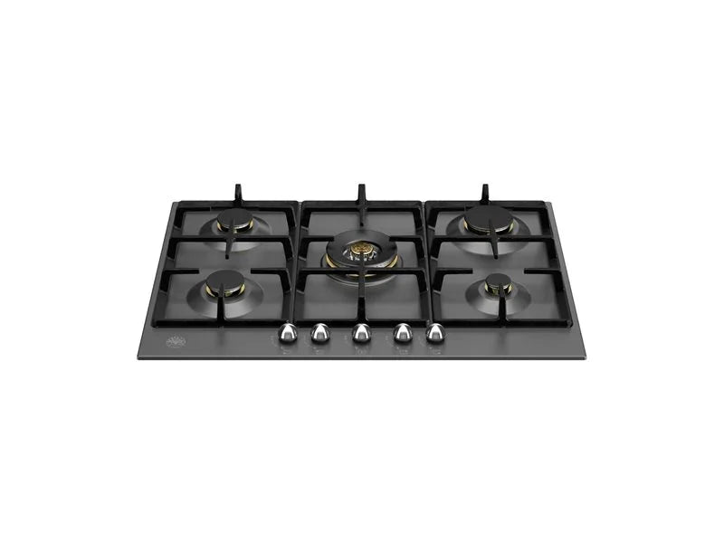 Modern black gas cooktop with five burners and silver control knobs