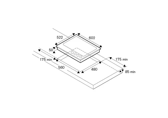 Technical installation dimensions diagram for a built-in cooktop