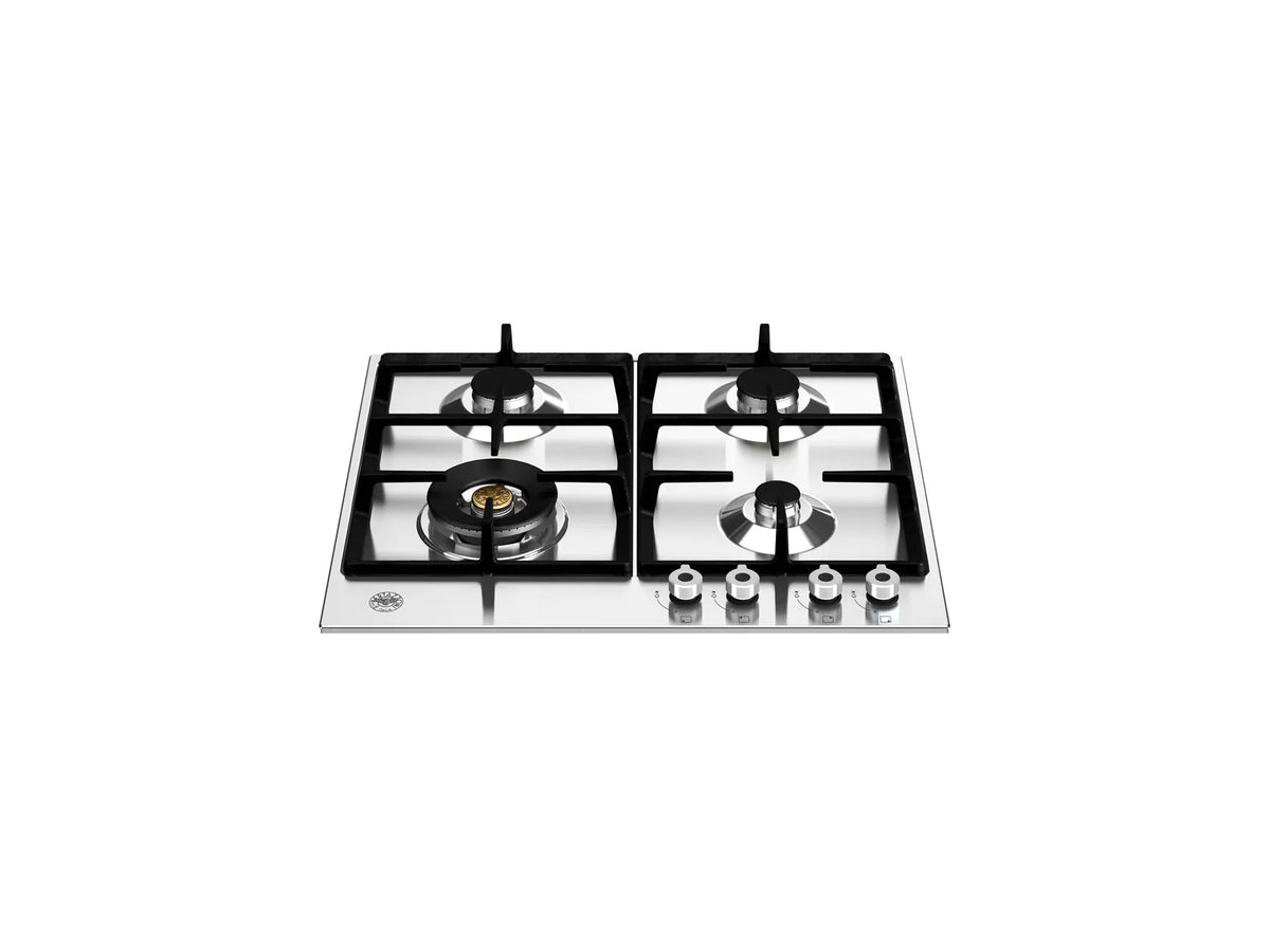 Stainless steel four-burner gas cooktop with black cast iron grates