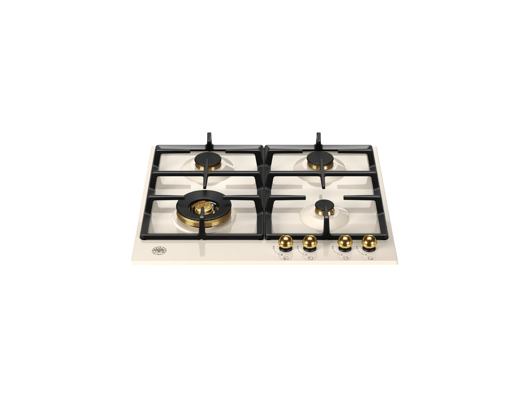 Cream-colored gas cooktop with four burners and gold control knobs