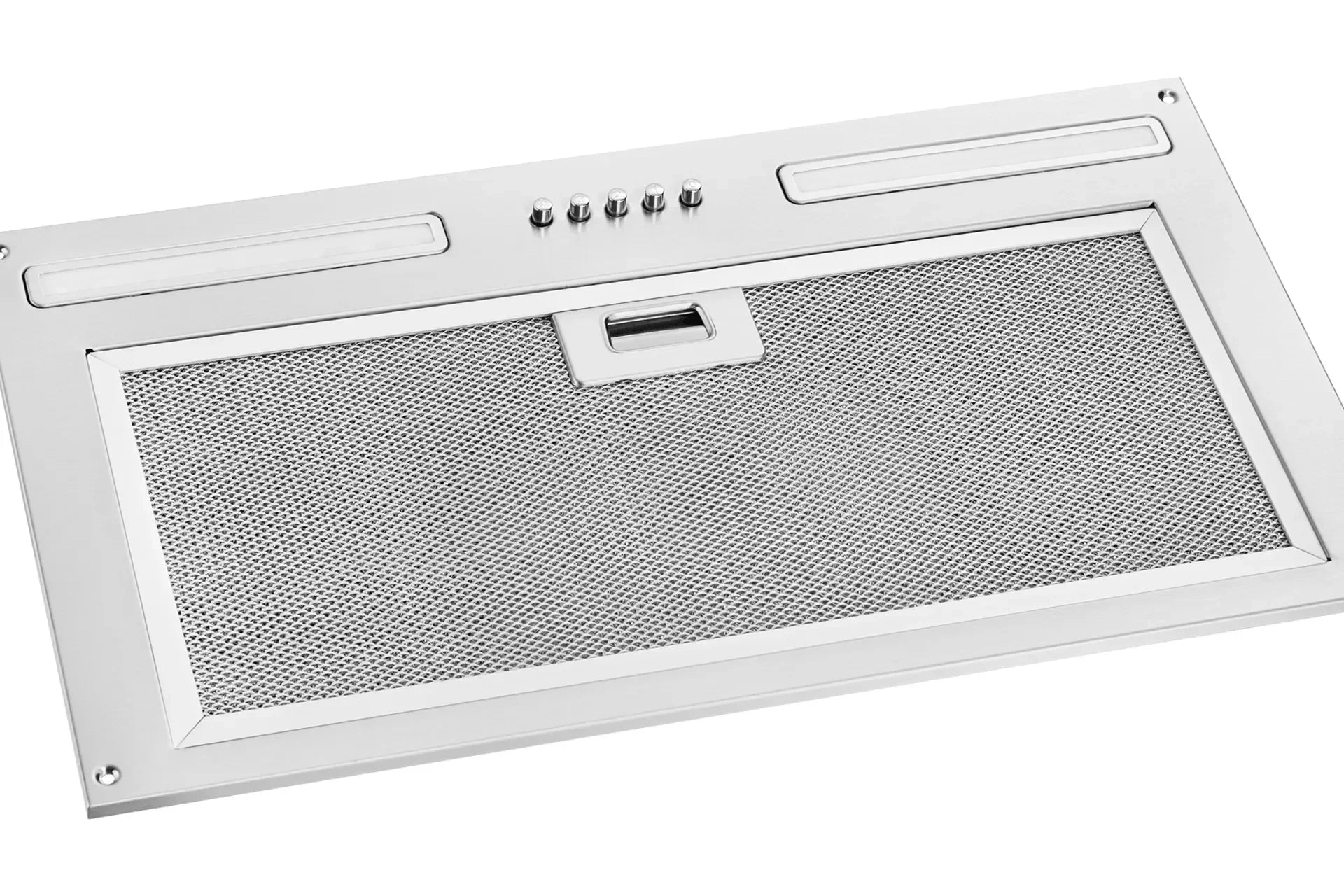 Stainless steel under-cabinet range hood with mesh grease filter and control buttons