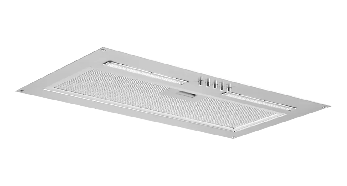 Stainless steel ceiling-mounted recessed range hood for a modern kitchen