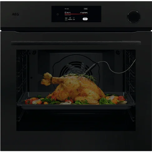Falcon premium European glass black upright 1100mm induction cooker with roasted chicken inside