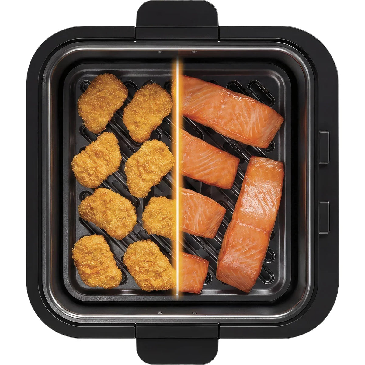 Smeg air fryer basket showing a split view of breaded chicken nuggets and salmon fillets.
