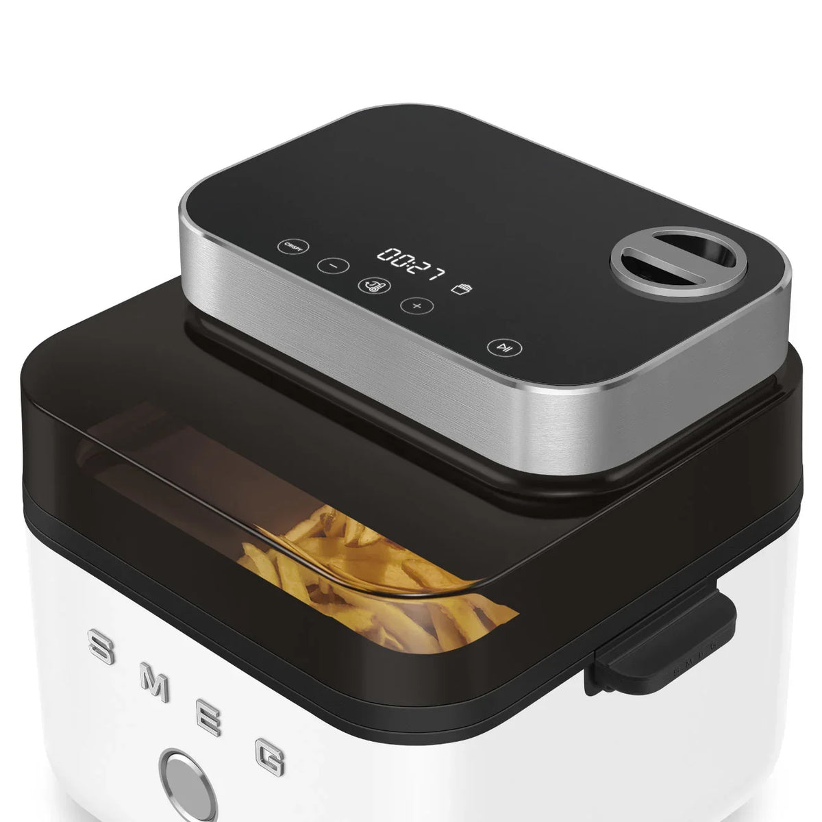 Smeg 7.3L Air Fryer in matte white with a touch control panel and french fries inside.