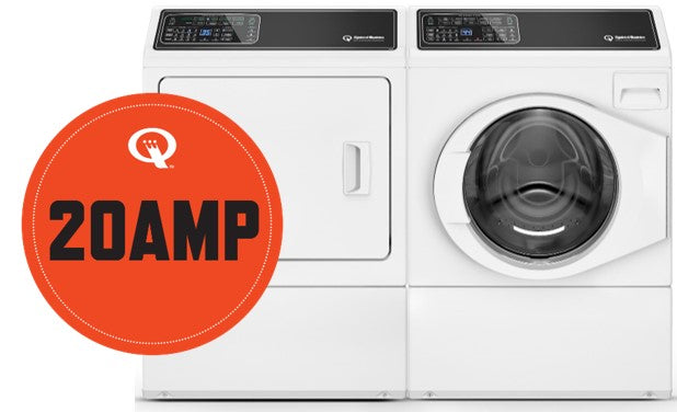 Speed Queen front load washer and dryer pack with 20AMP specification badge.