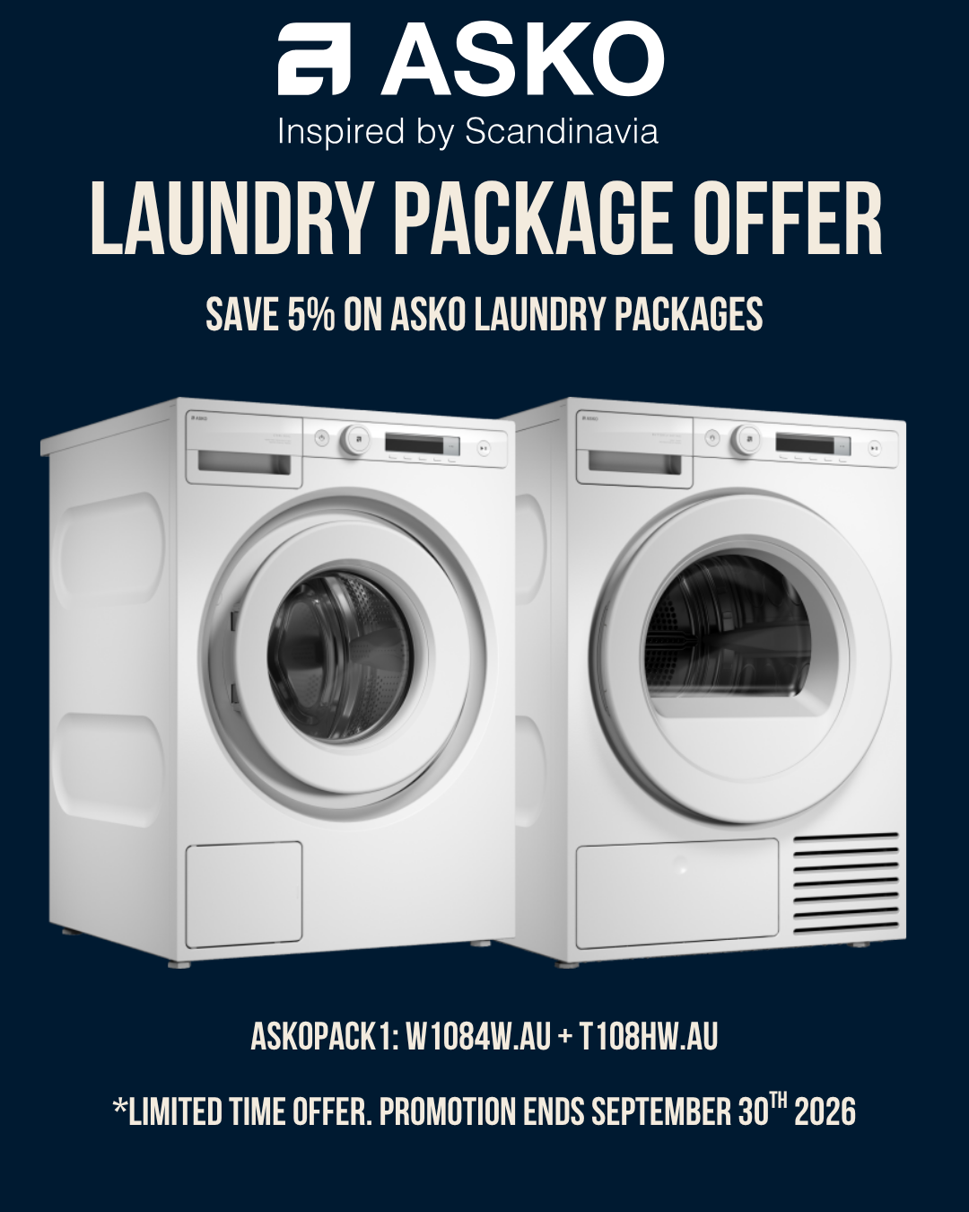 Asko Laundry Package Offer 8kg Classic Washer + Dryer - W1084W.AU + T1084HW.AU