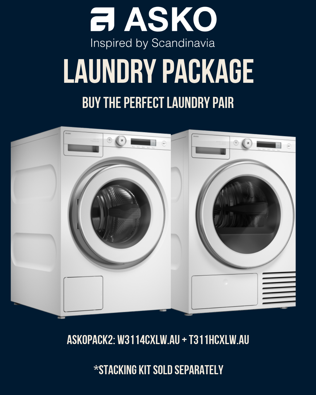 Promotional image for Asko Laundry Package Offer 11kg Logic Washer + Dryer - W3114CXLW.AU + T311HCXLW.AU