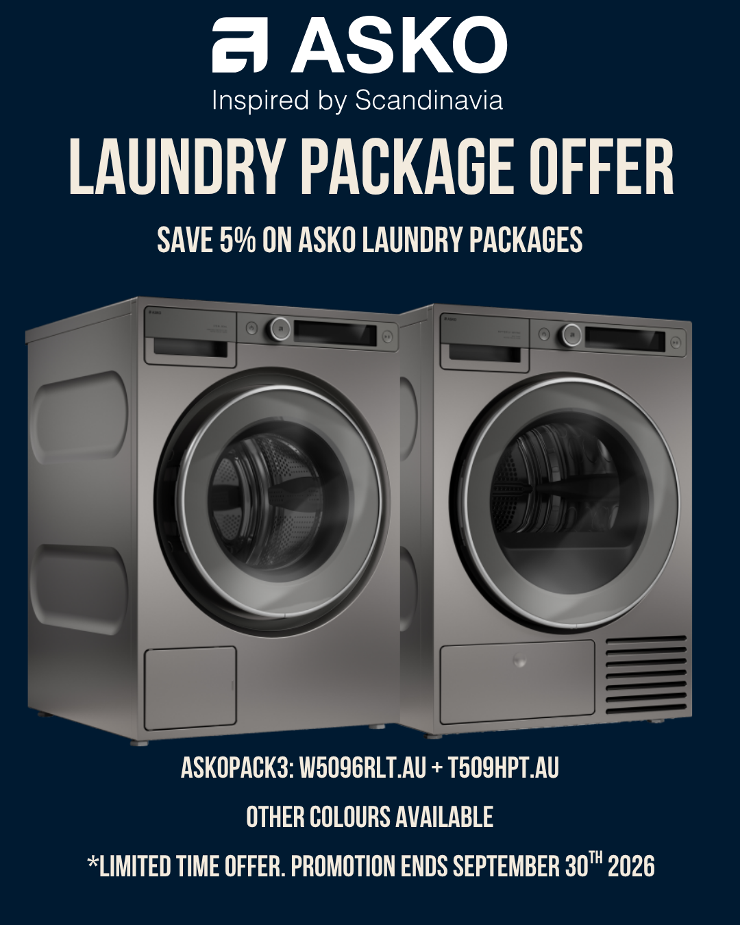 Asko Laundry Package Offer 9kg Style Washer + Dryer - W5096RLT.AU + T509HPT.AU