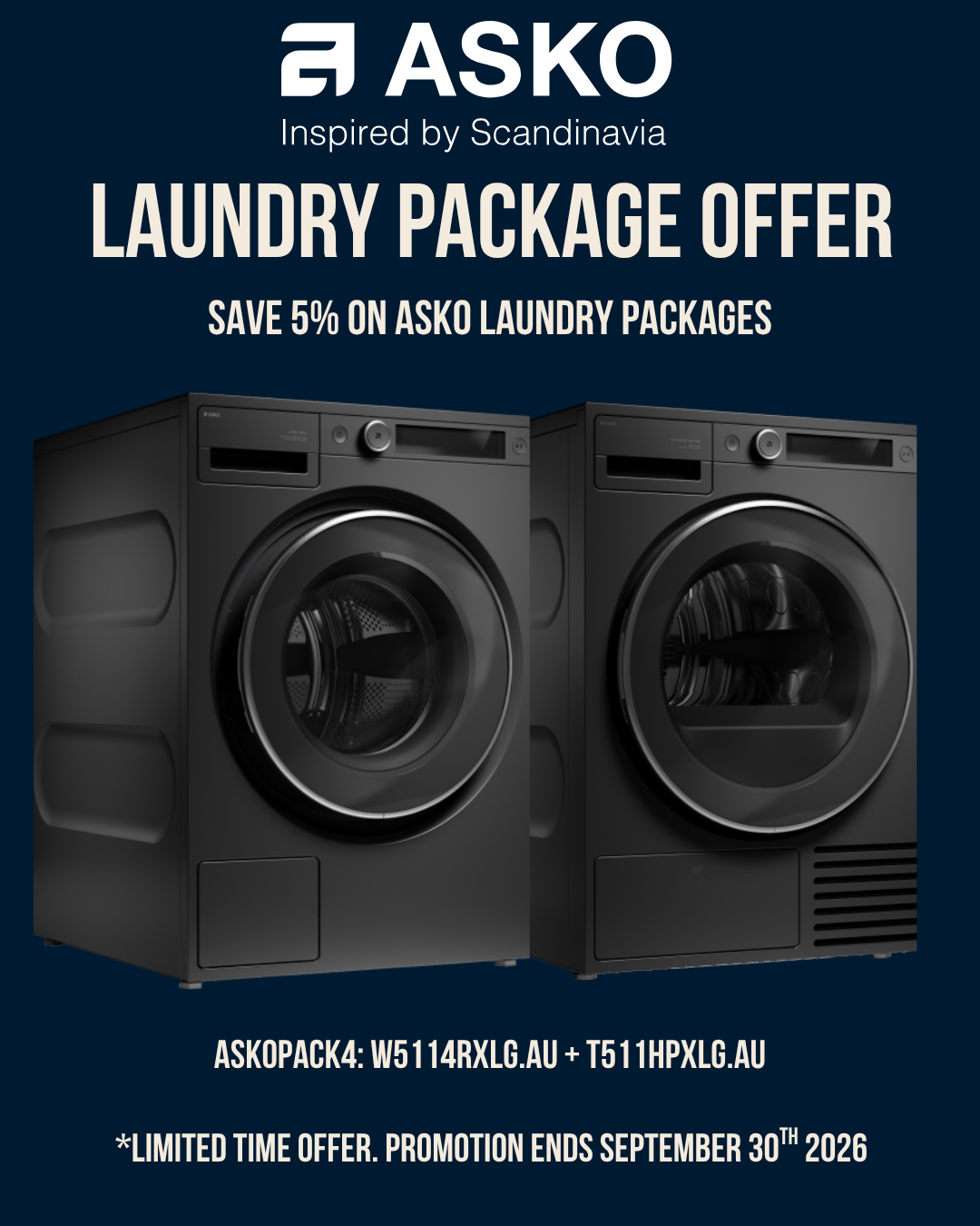 Asko Laundry Package Offer 11kg Style Washer + Dryer - W5114RXLG.AU + T511HPXLG.AU