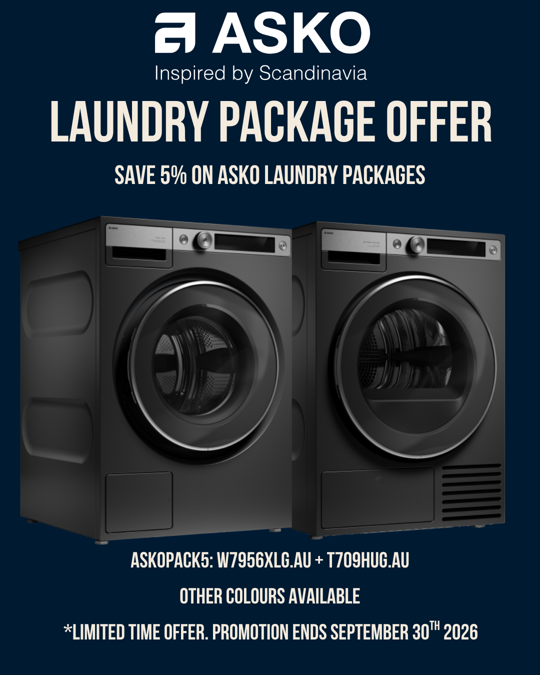 Asko Laundry Package Offer 9.5kg Style+ Washer + Dryer - W7956XLG.AU + T709HUG.AU