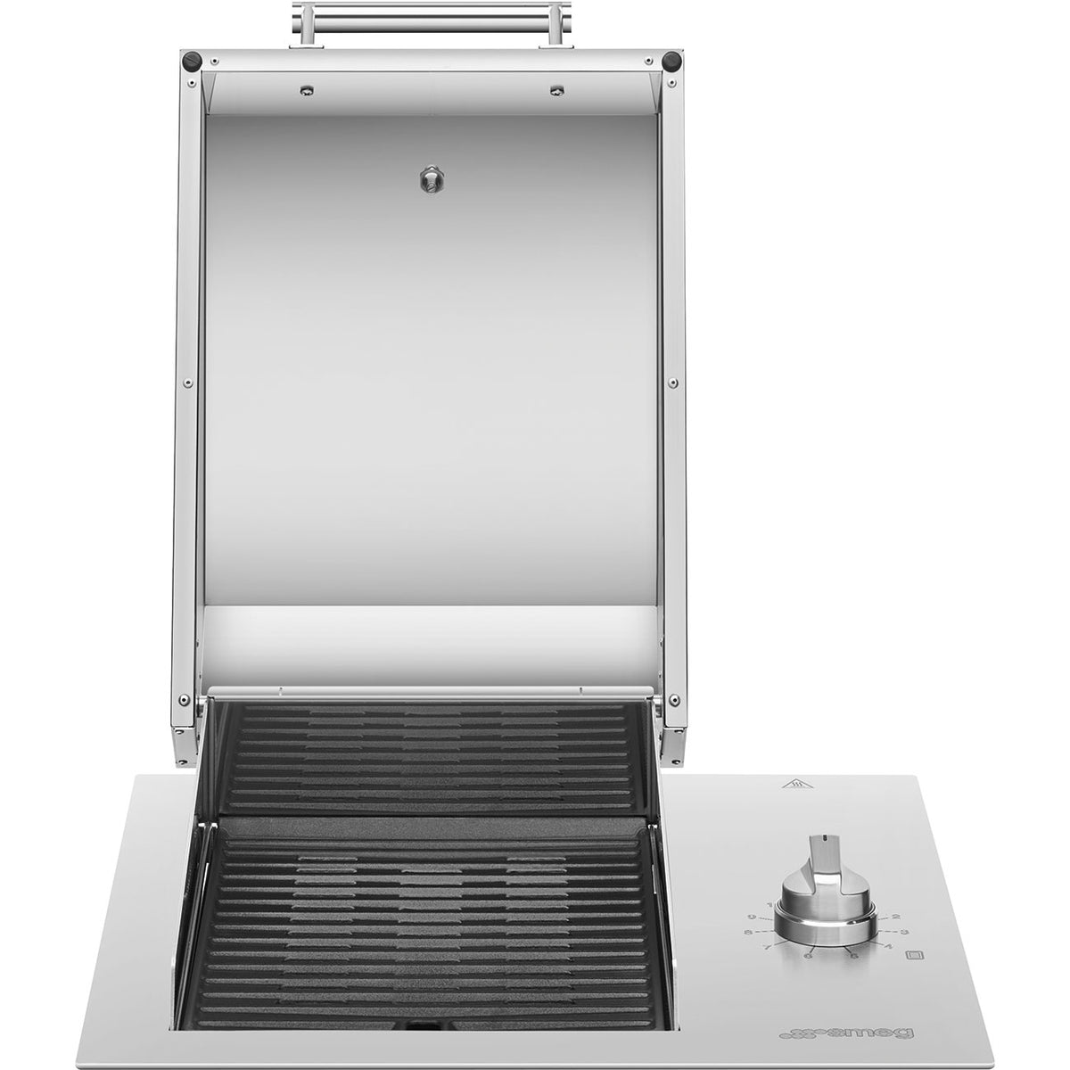 Smeg 60cm Built-in Electric Barbecue with open stainless steel lid and grill grates.