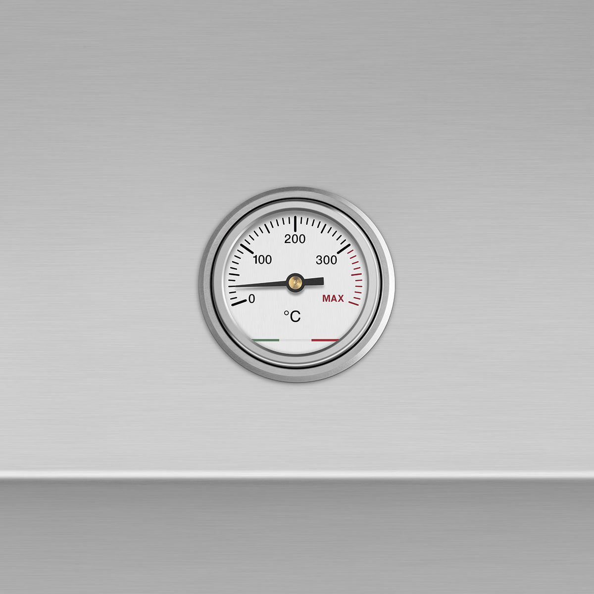 Analog temperature gauge on a Smeg built-in electric barbecue, showing Celsius scale.