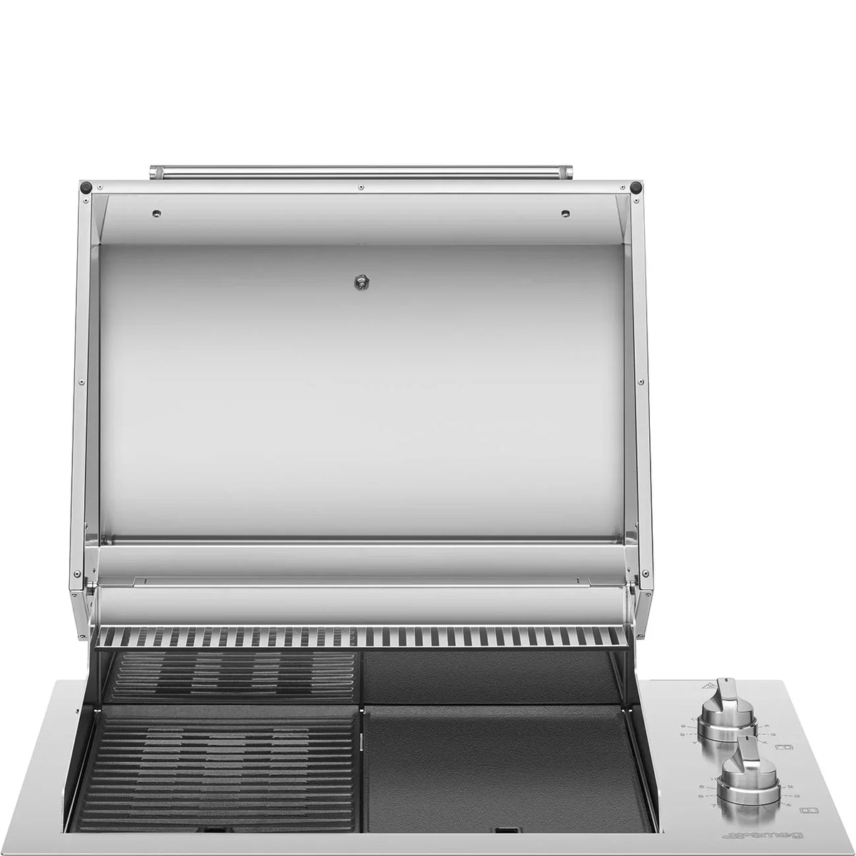 Smeg 90cm built-in electric barbecue with open lid and stainless steel finish