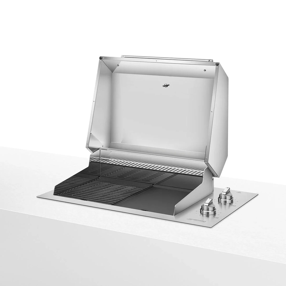 Smeg 90cm Built-in Electric Barbecue BBQE90XAU with open lid and stainless steel finish
