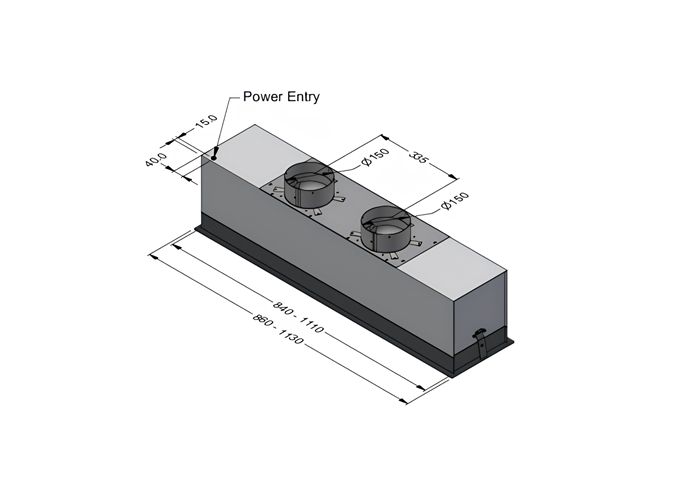 Technical dimensions for Bertazzoni Modern Series twin motor rangehoods width of 86cm and 113cm