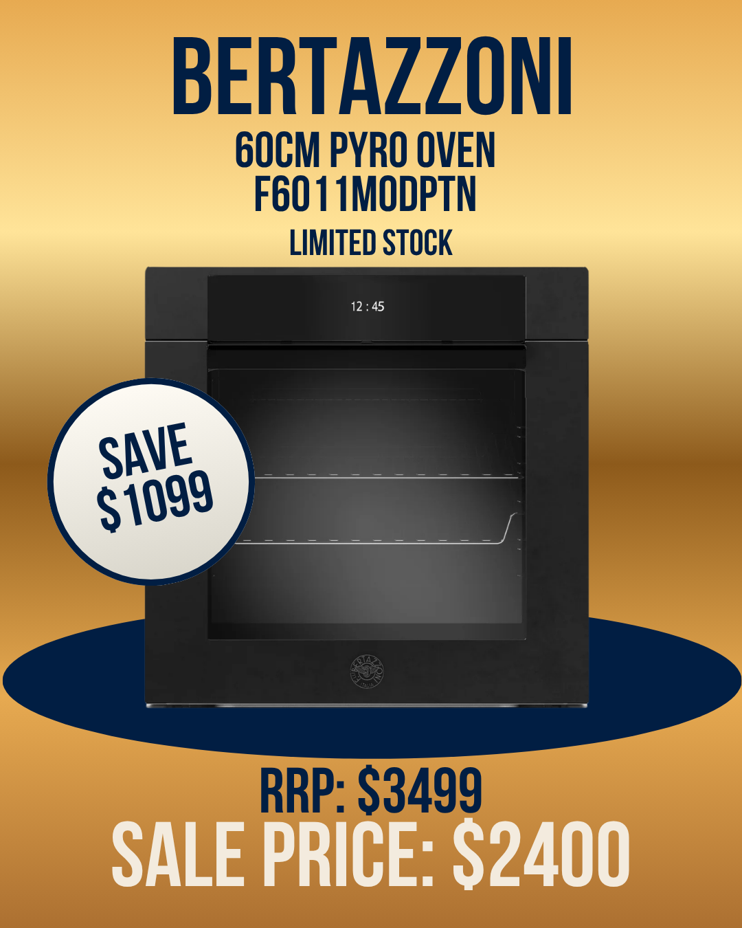 Bertazzoni 60cm built in oven with pyrolytic cleaning in black glass, touch display save $1099
