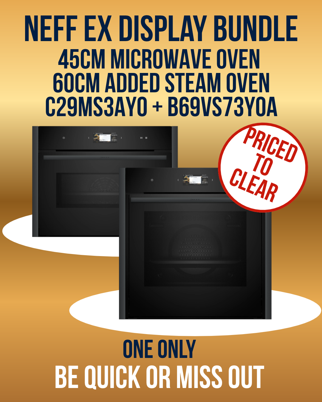 Promotional image for Neff Grey Double Oven Bundle, Ex-Display Clearance, featuring a 45cm microwave oven and a 60cm added steam oven. 