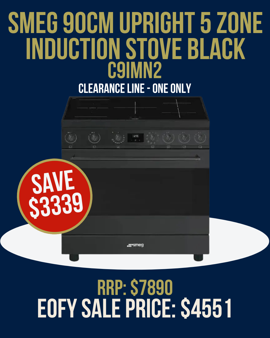 Smeg 90cm Upright 5 Zone Induction Stove Black - C9IMN2 *Clearance Line*