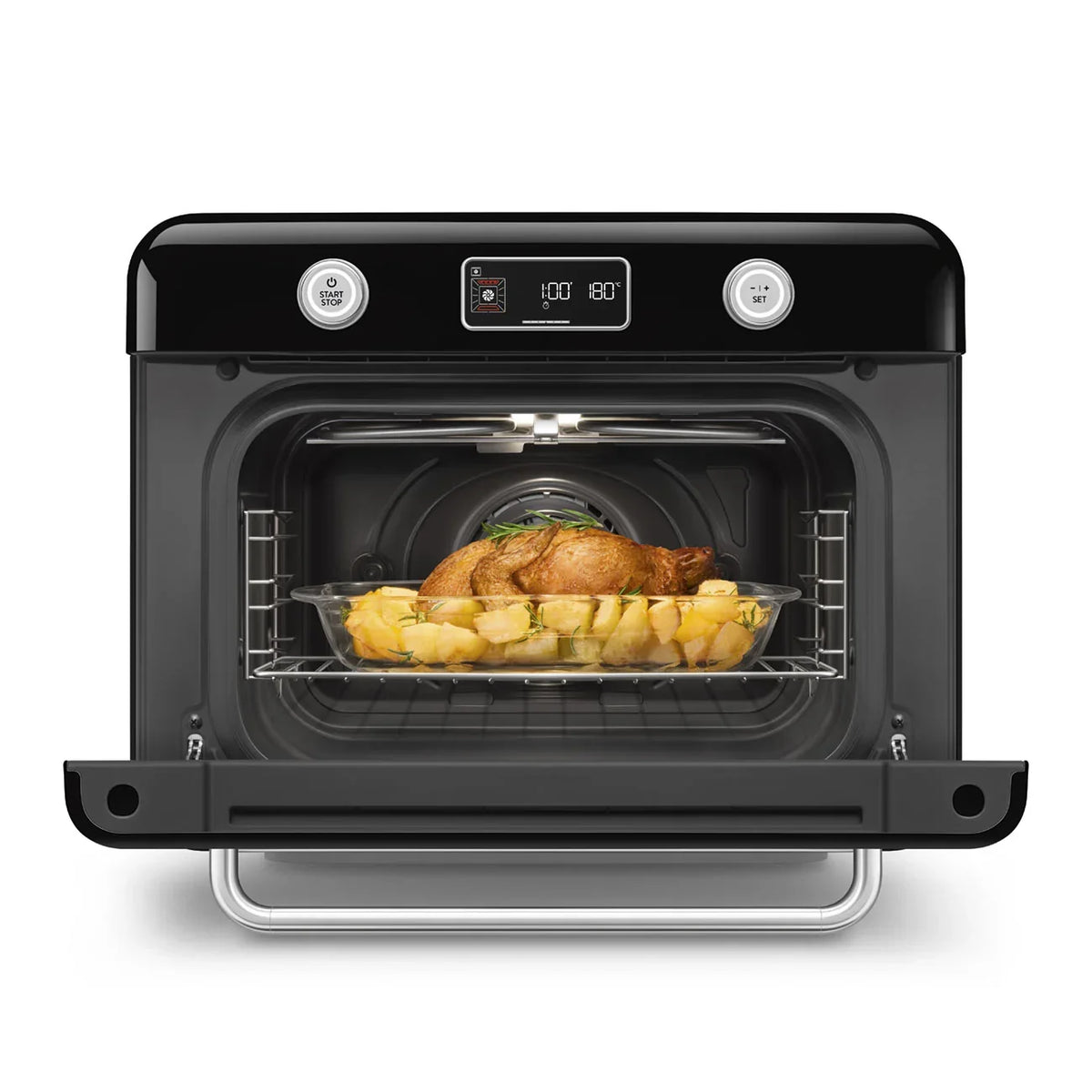 Smeg 50's Style black benchtop combi-steam oven roasting a chicken and potatoes