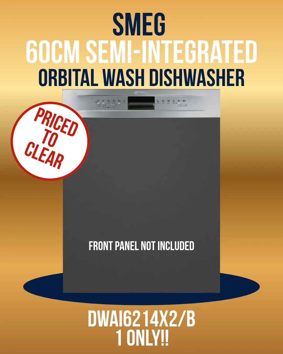 Smeg 60cm Semi-Integrated Orbital Wash Dishwasher DWAI6214X2/B priced to clear.