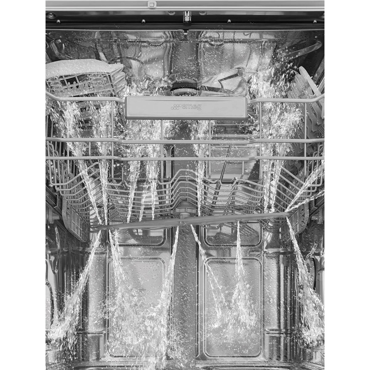 Interior view of a Smeg dishwasher showing water spray arms in action during a cleaning cycle