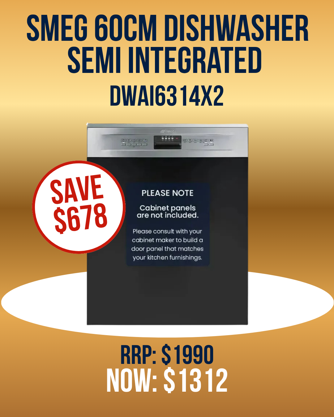 Smeg 60cm Semi-Integrated Dishwasher DWAI6314X2 *Clearance Line*