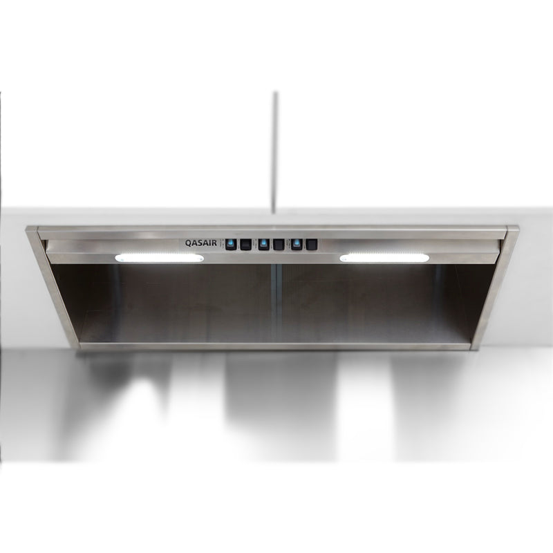 Stainless steel range hood with control panel on a white background