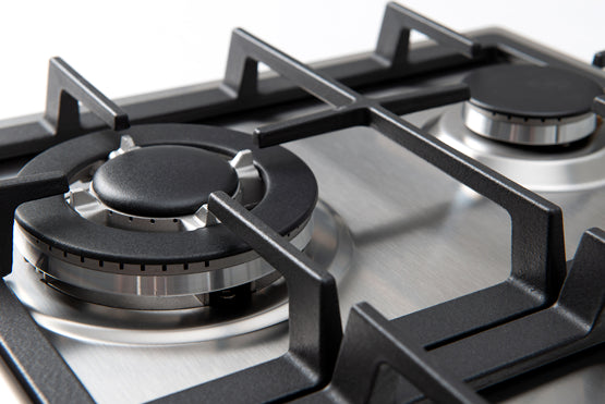 Euro 60cm Gas Cooktop ECT60WCX close up of triple ring wok burner and auxiliary burners on left of cooktop.