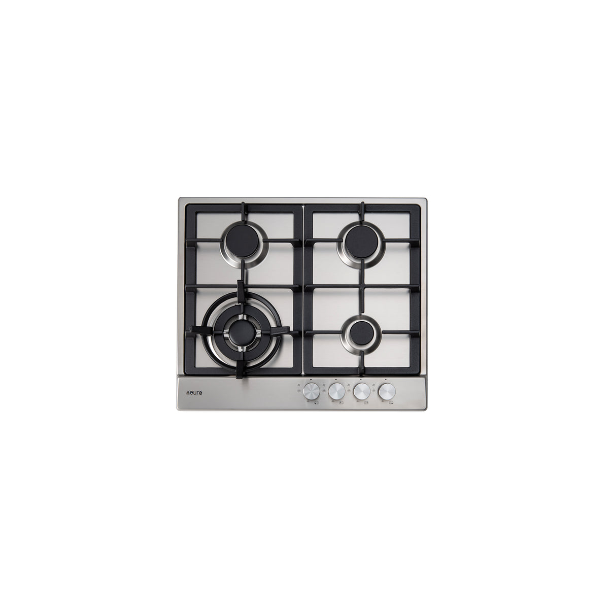Euro 60cm Gas Cooktop ECT60WCX 4 burners, stainless steel with black cast iron trivets.