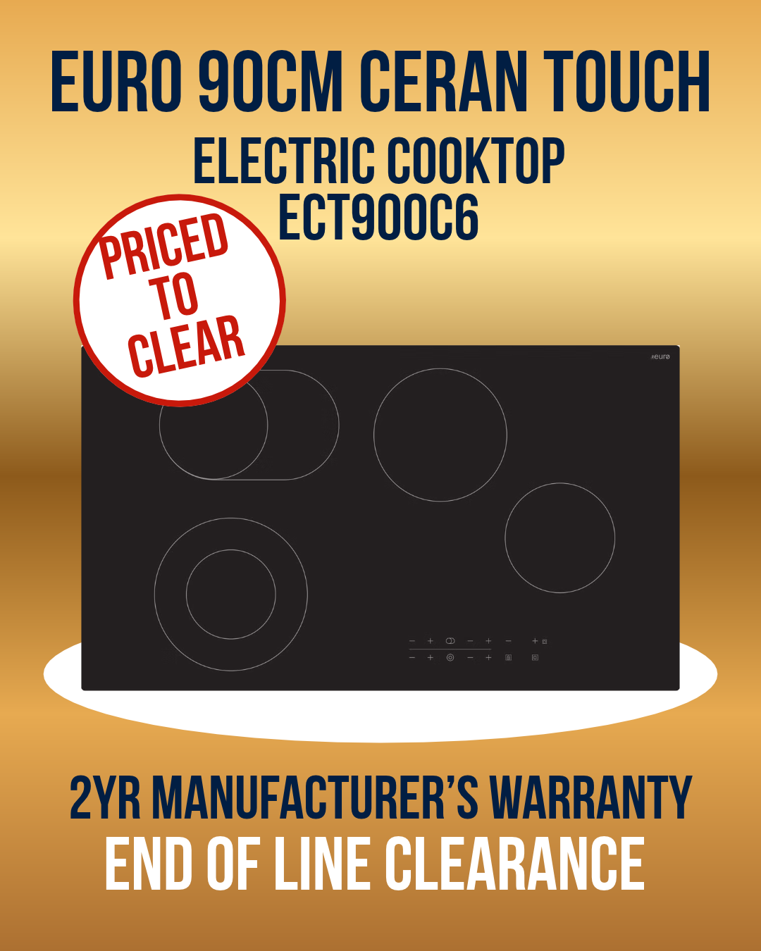 Euro 90cm Ceran touch Electric Cooktop ECT900C6 - End of Line Clearance