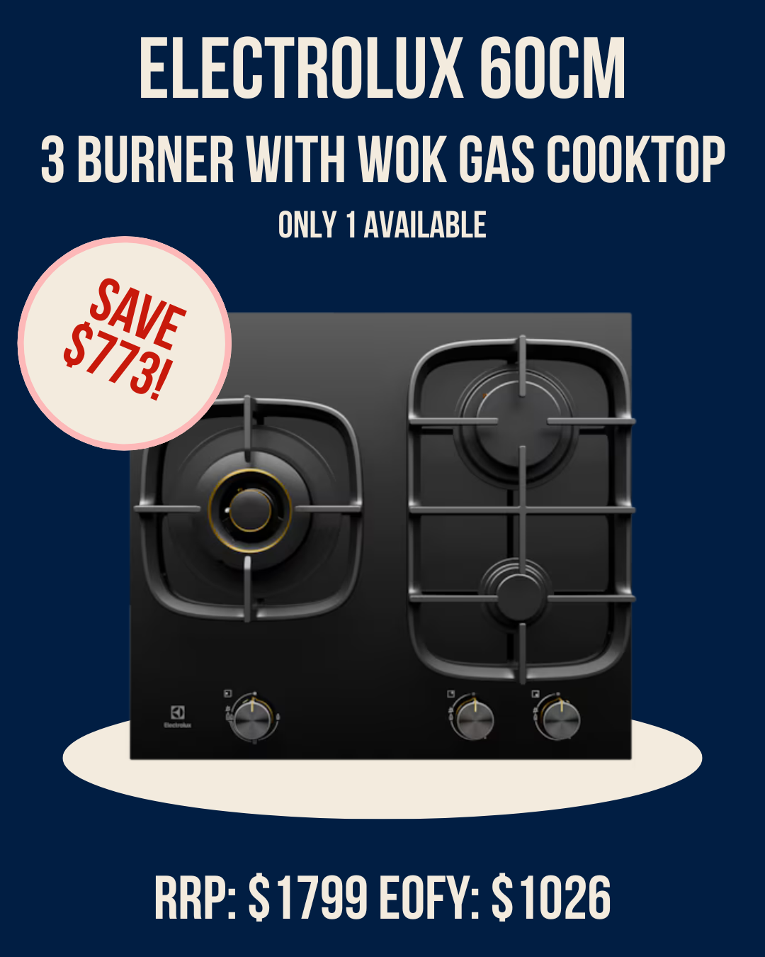 Electrolux 60cm 3 burner with wok Gas cooktop - EHG635BE *Ex-Display*