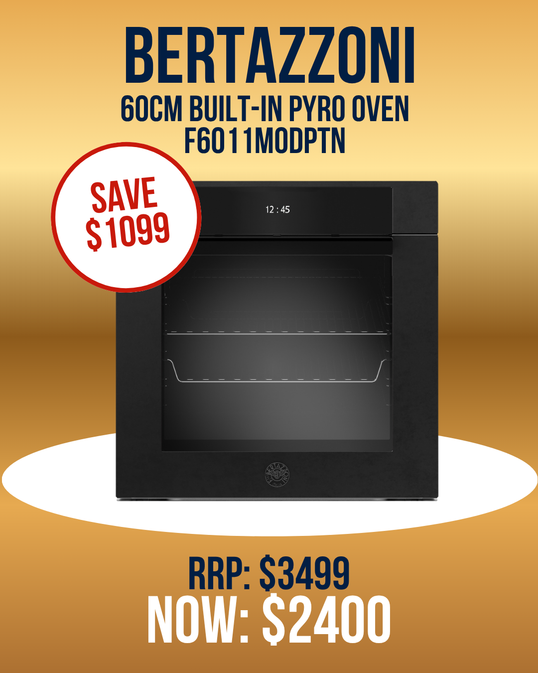 Bertazzoni 60cm built-in pryo oven F6011MODPTN clearance with $1099 savings highlighed
