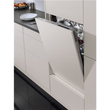 AEG 60cm Fully Integrated Dishwasher - FBF7583SBB installed into white cabinetry with white panel.