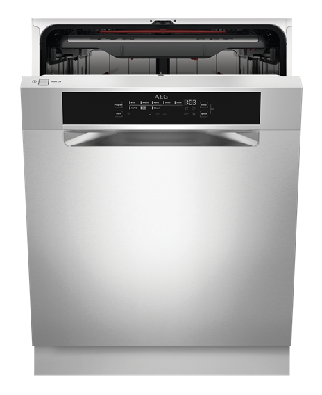 AEG 60cm Built-Under Dishwasher - FFE73700PM Stainless Steel door slightly open