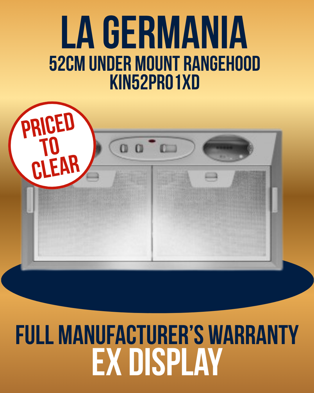 La Germania 52cm Under Mount Rangehood KIN52PRO1XD ex display unit with full manufacturer's warranty