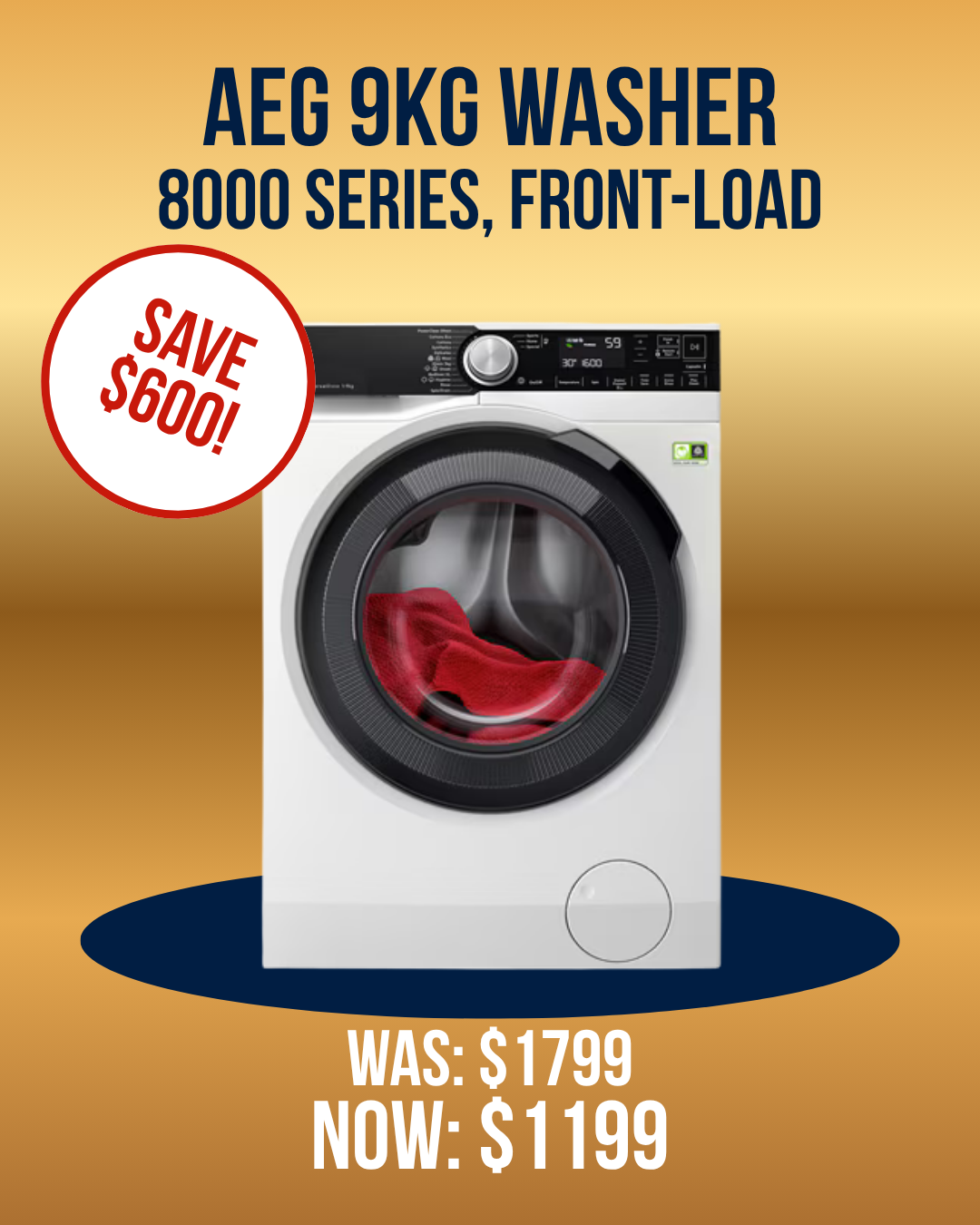 AEG 9kg 8000 Series front load washer on sale for $1199, reduced from $1799.