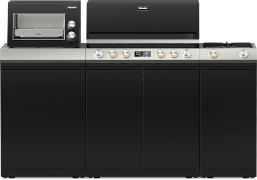 Miele pre-configured outdoor kitchen with grill, top heat grill, cooktop and storage module.