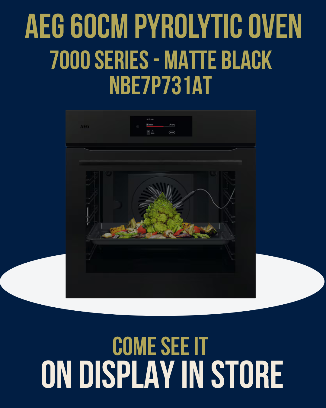 AEG 60cm Pyrolytic Oven Matte Black NBE7P731AT on display at Newtons Designer Appliances