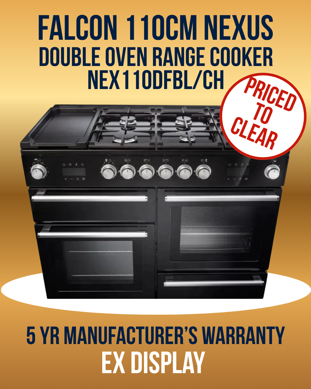 Falcon 110cm range cooker double oven - NEX110DFBL/CH ex display priced to clear.