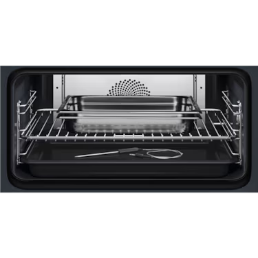 AEG 45cm Compact Oven Matte Black NKB9A82KT internal cavity with trays and a food probe. 