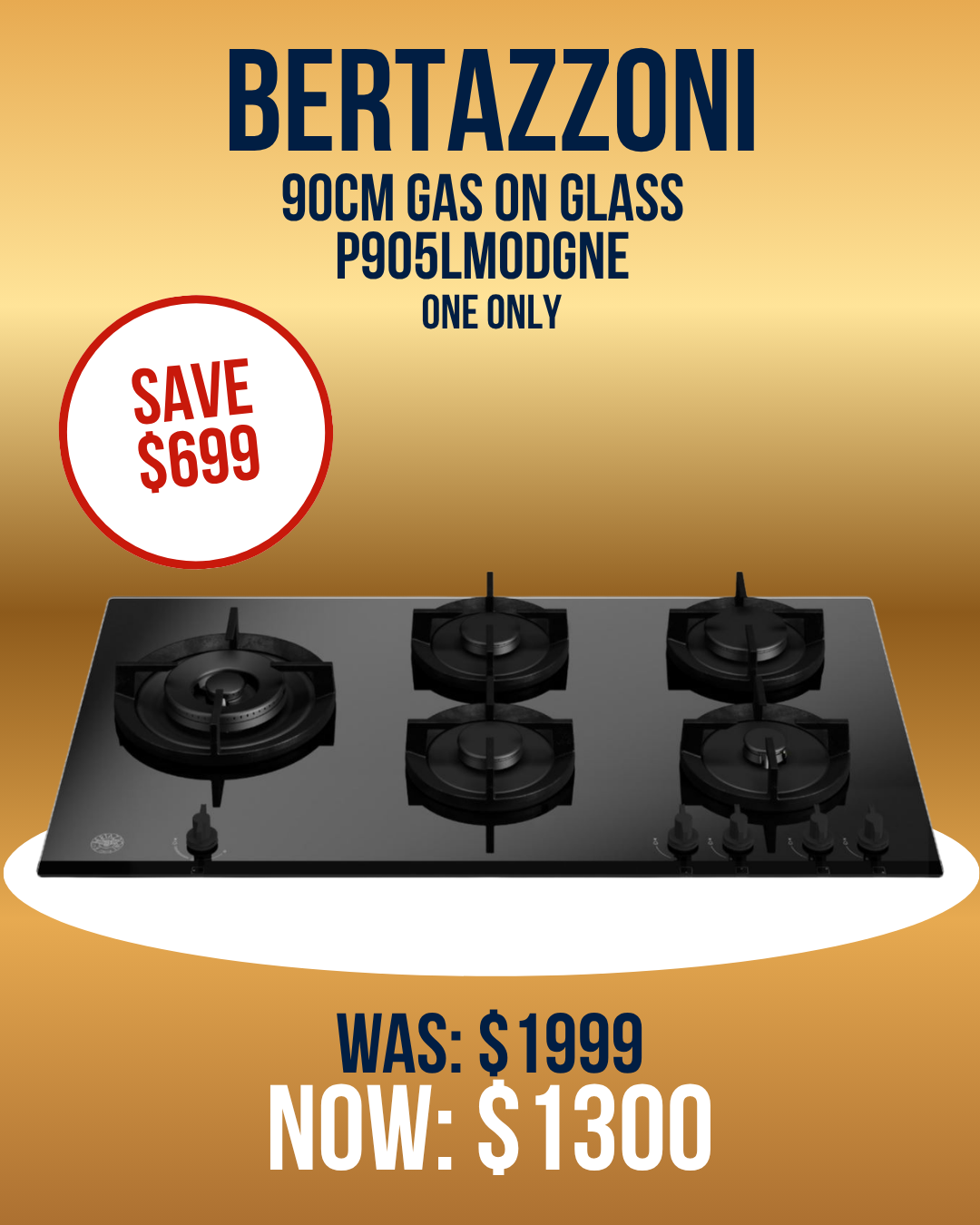 Bertazzoni 90cm Gas on Glass Cooktop - P905LMODGNE highlighting savings of $699