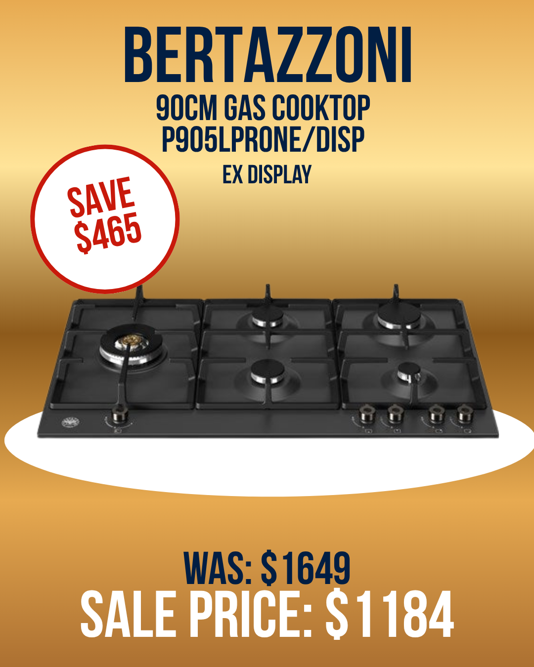 Bertazzoni 90cm Gas Cooktop P905LPRONE ex display clearance highlighting $465 savings