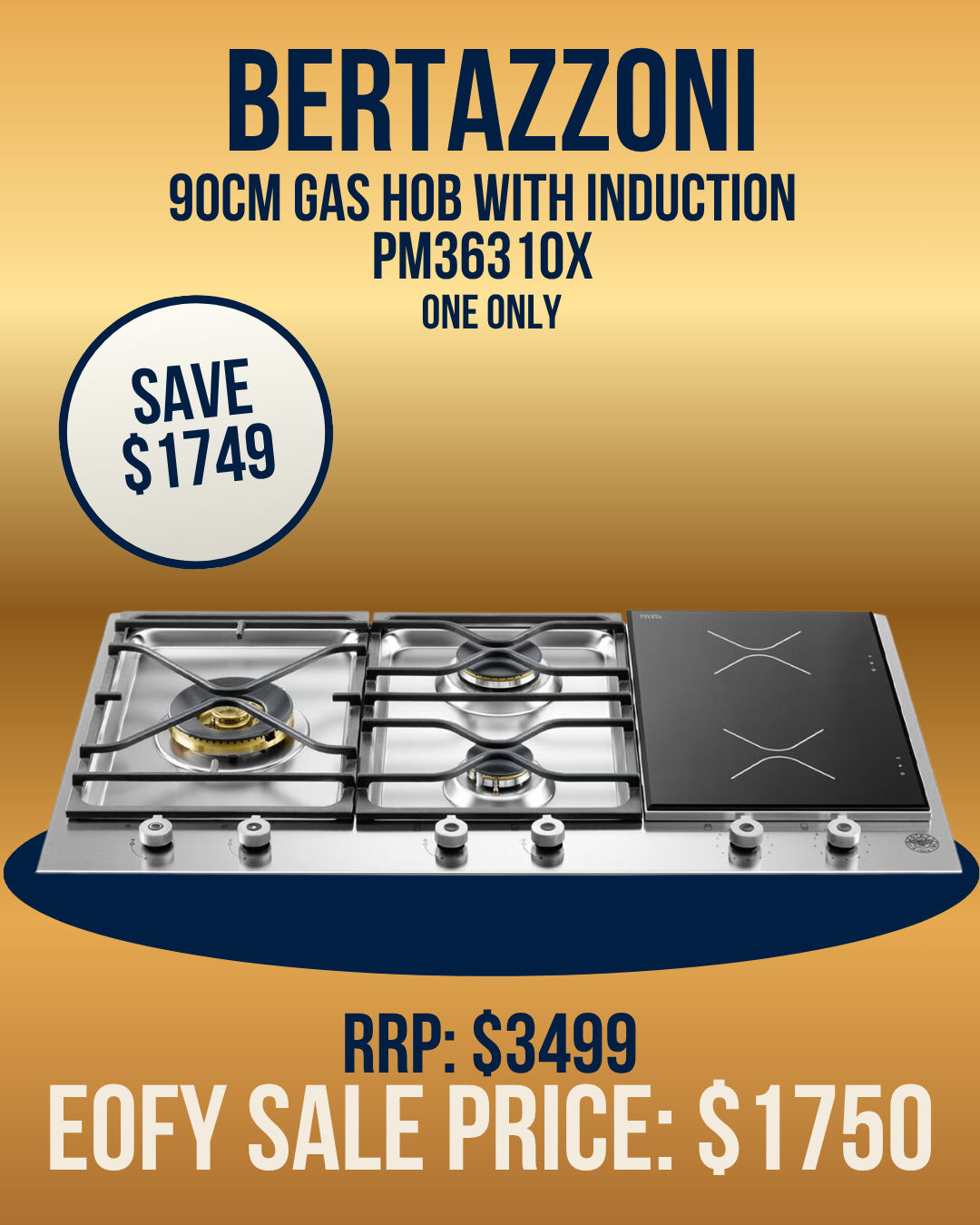 Bertazzoni 90cm Gas Hob with Induction Zone - PM36310X *Clearance Line*