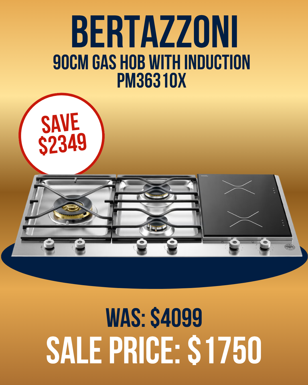 Bertazzoni 90cm Gas Hob with Induction Zone - PM363I0X highlighting savings of $2349