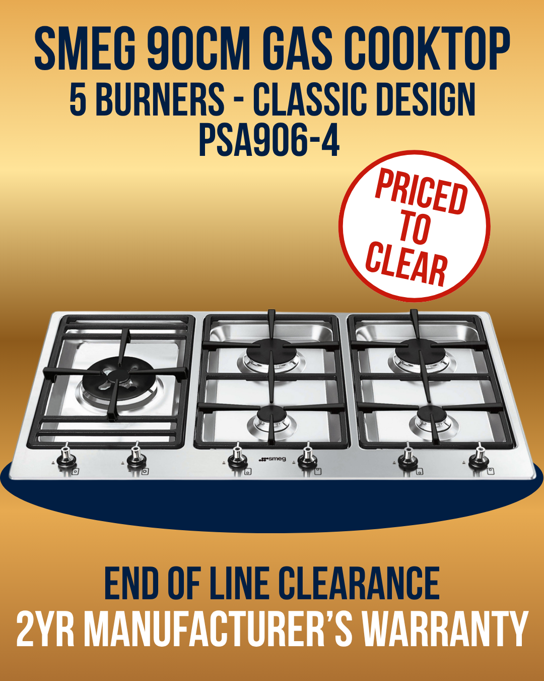 Smeg 90cm Gas Cooktop PSA906-4 - 5 burners Classic Design priced to clear.